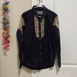 Men’s Gently Used Burberry Black and Beige Plaid Men's Shirt